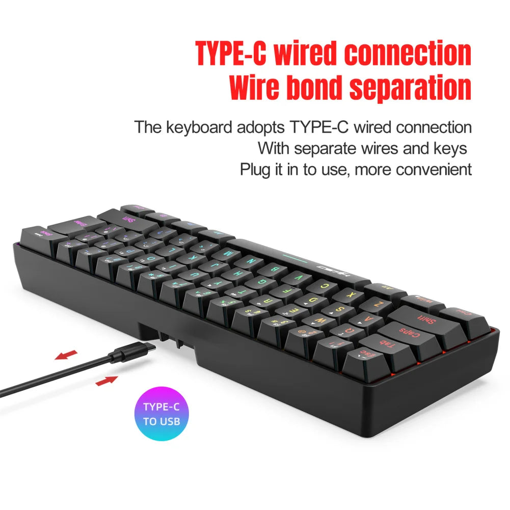 L500 Wired/Wireless Connection Gaming Keyboard 61 Keys Compact Computer Keyboard Type C Connection Mechanical Keyboard with Dyna