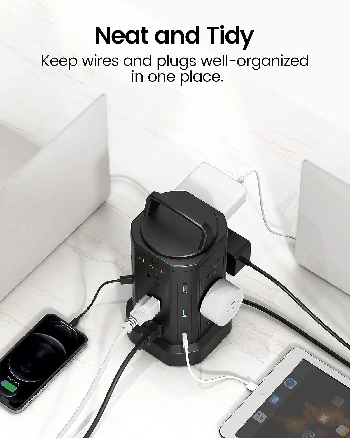 Power Strip Surge Protector Tower 12 AC Outlets 6 USB Charging Station 6.5Ft Extension Cord Black