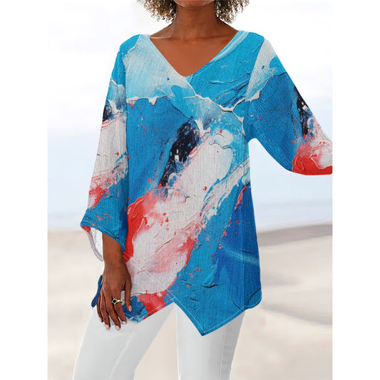 All-Over Print Women's V-neck T-shirt With Irregular Hem